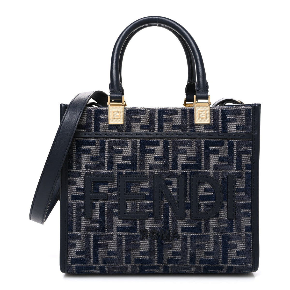 Fabric Jacquard FF 1974 Logo Small Fendi Sunshine Shopper Tote Blue Grigio