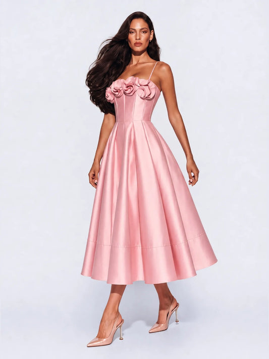 Kaia 3D Floral Satin Camisole Midi Dress In Pink