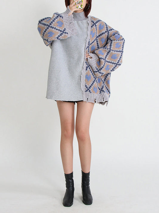 Batwing Sleeves Color-Block Plaid Split-Joint High-Neck Sweater