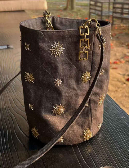 Vintage Studded Denim Shoulder Bucket bag