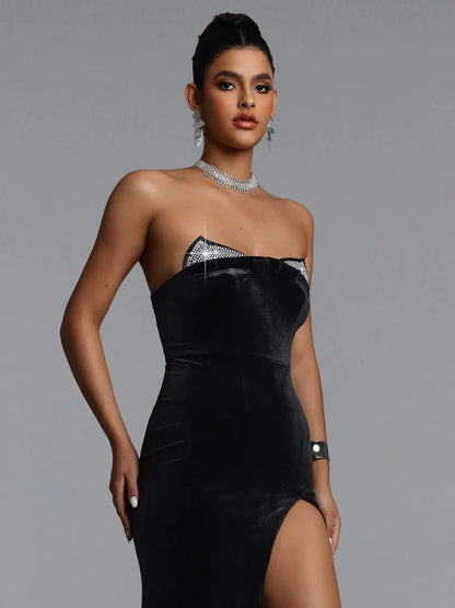 Monica Velvet Strapless Crystal-Trim Maxi Dress