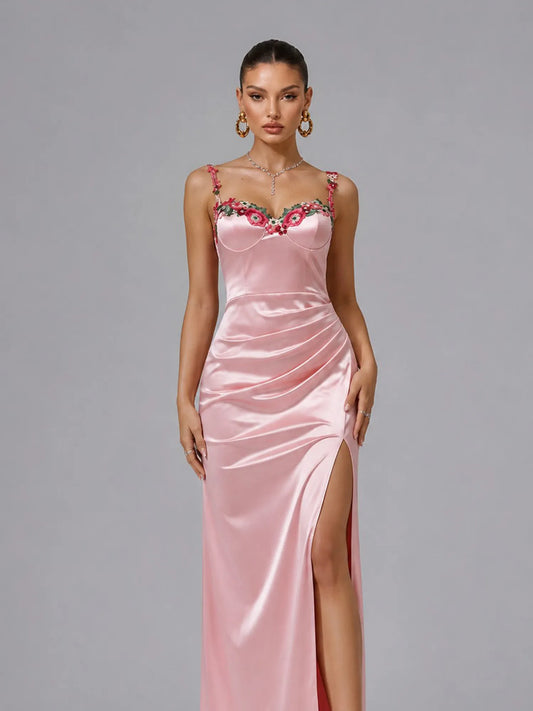 Milana Romantic Contour Pleated Floral Satin Maxi Dress