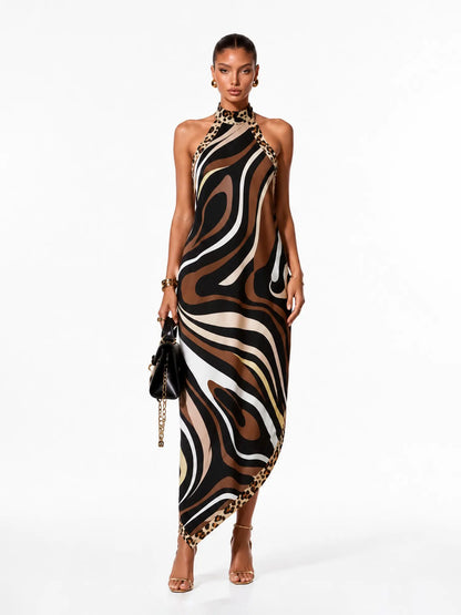 Hazel Printed Halter-Neck Backless Maxi Dress