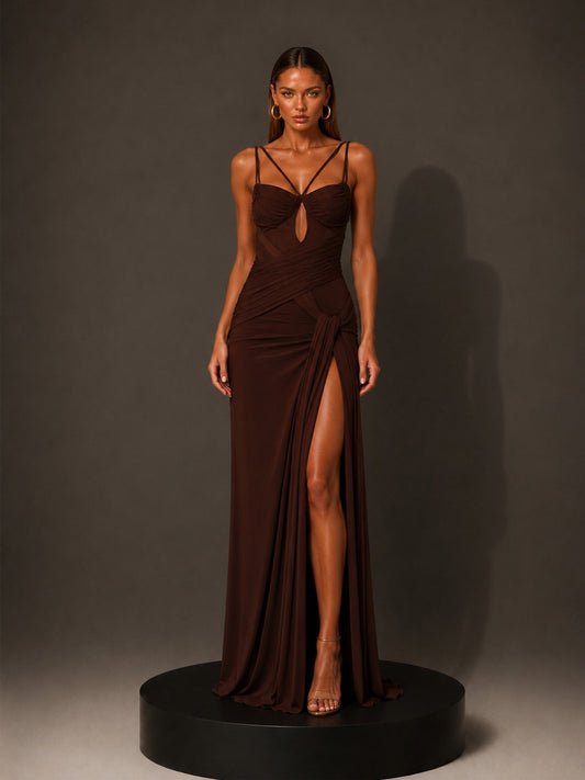 Evie Ruched Backless Maxi Dress with Streamers