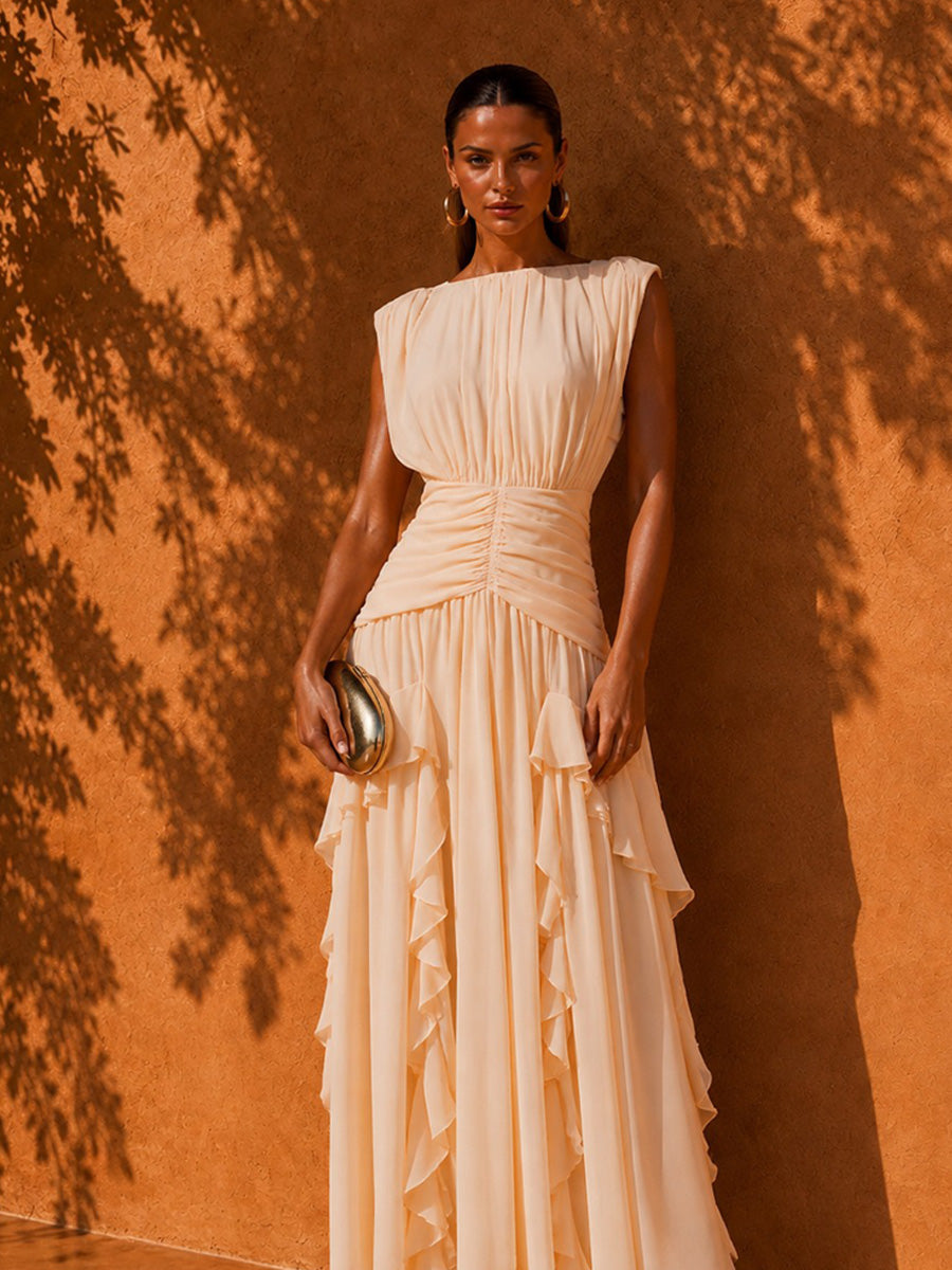Aria Printed Chiffon Round-Neck Sleeveless Maxi Dress