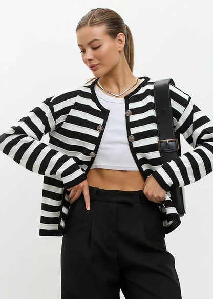Button Up Knit Cardigan Black And White Stripes