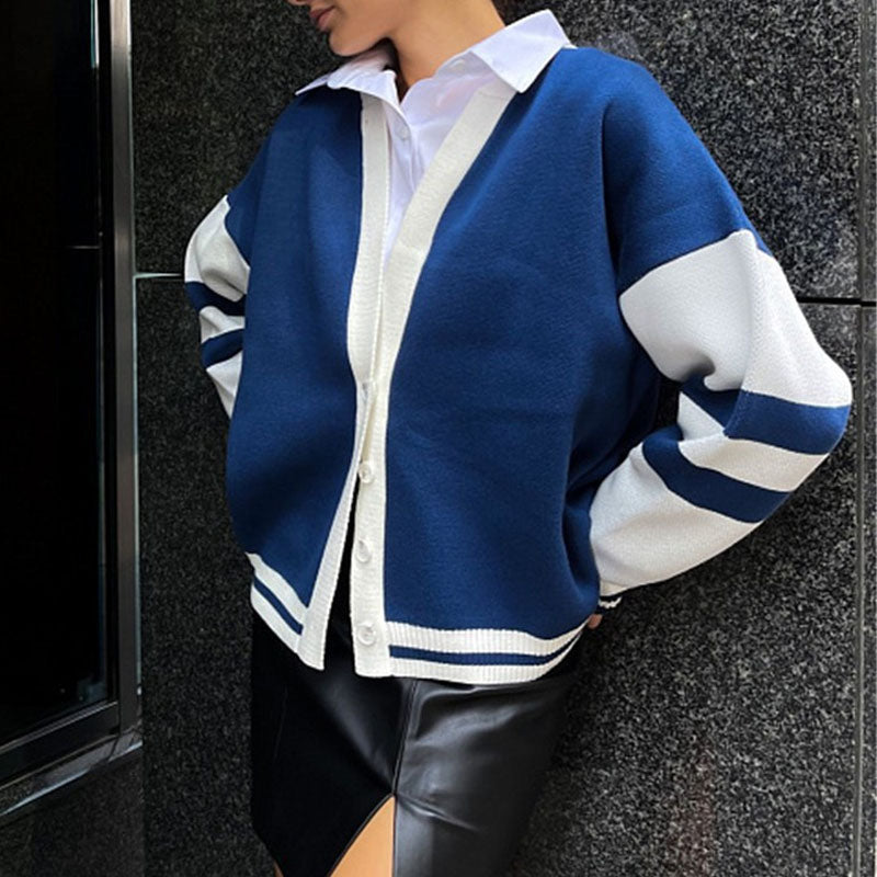 Trendy Color Contrast Striped Knit Cardigan