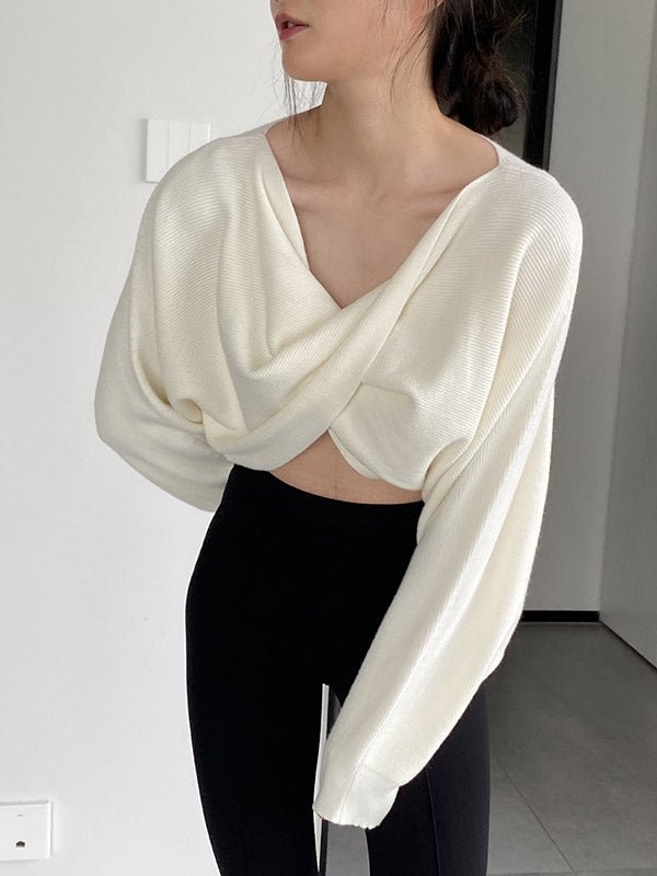 Batwing Sleeves Long Sleeves Knot Solid Color V-Neck Pullovers Sweater Tops
