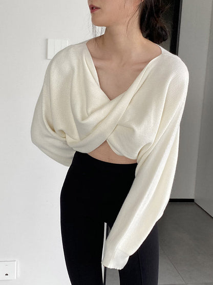 Batwing Sleeves Long Sleeves Knot Solid Color V-Neck Pullovers Sweater Tops