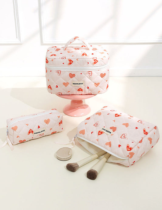 Cute Heart Print Cotton Quilted Cosmetic Bag