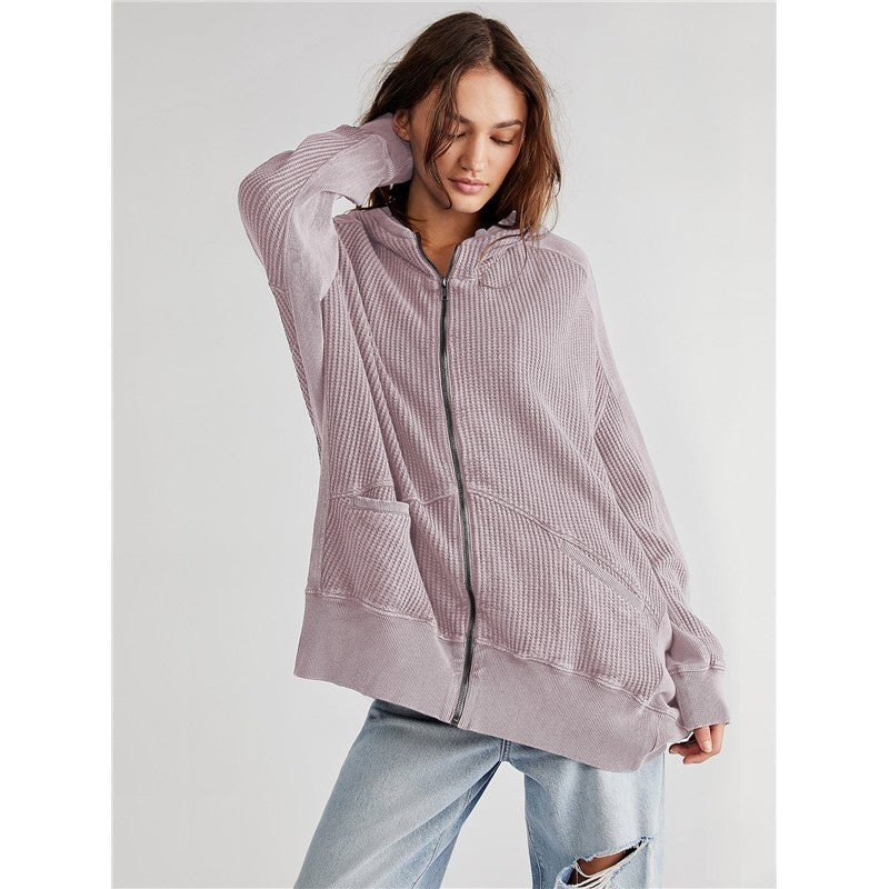 Women's Solid Zip Waffle Design Hoodie Sweatshirt