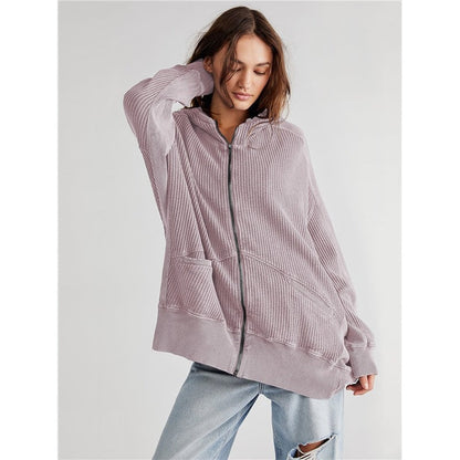 Women's Solid Zip Waffle Design Hoodie Sweatshirt
