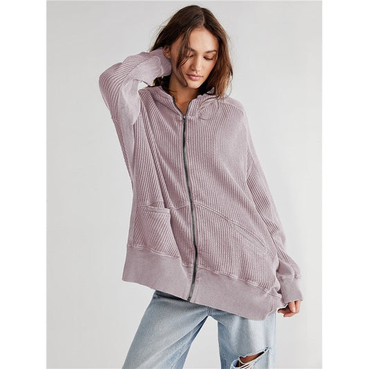 Women's Solid Zip Waffle Design Hoodie Sweatshirt