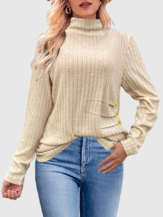 Long Sleeves Loose Buttoned Pleated Solid Color High Neck Pullovers Sweater Tops