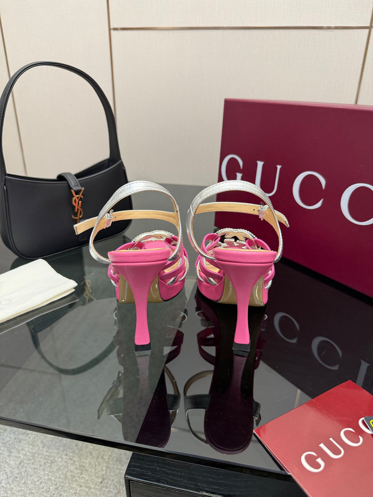 GG Pump 10.5cm With Crystal Interlocking G Pink Sliver Leather
