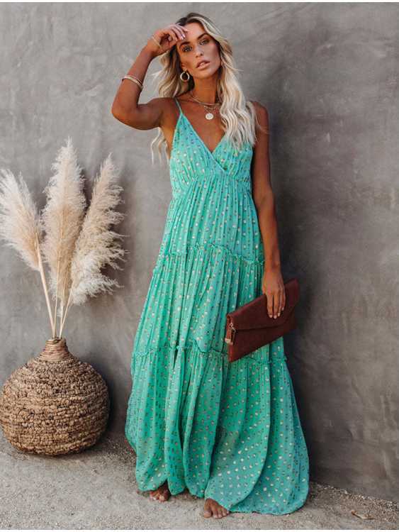 Summer Casual Women'S Leopard Print Fresh Suspender Sleeveless V-Neck Pleated Dress
