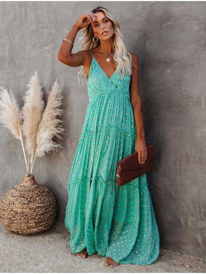 Summer Casual Women'S Leopard Print Fresh Suspender Sleeveless V-Neck Pleated Dress