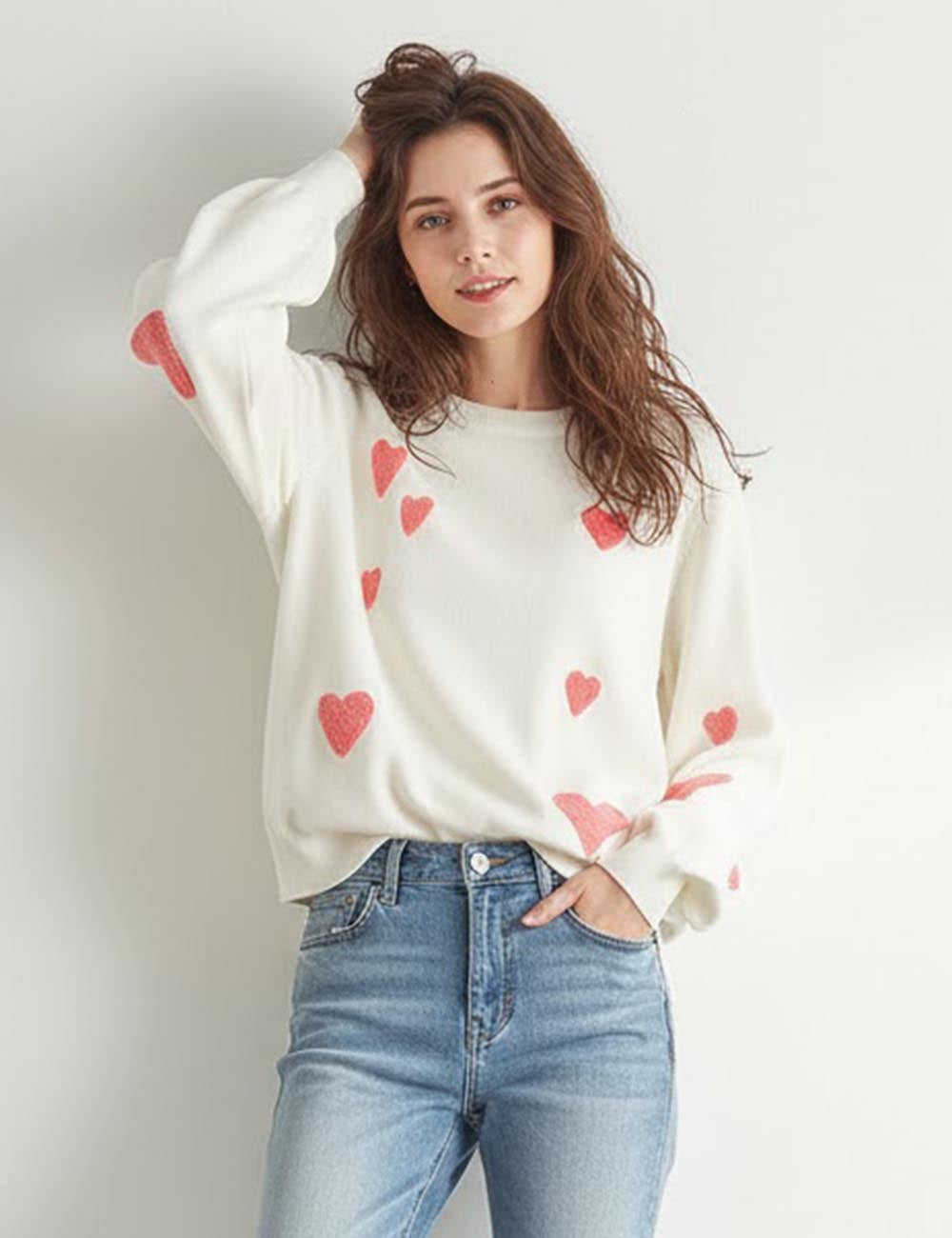Knit Heart Embroidered Long Sleeve Sweater
