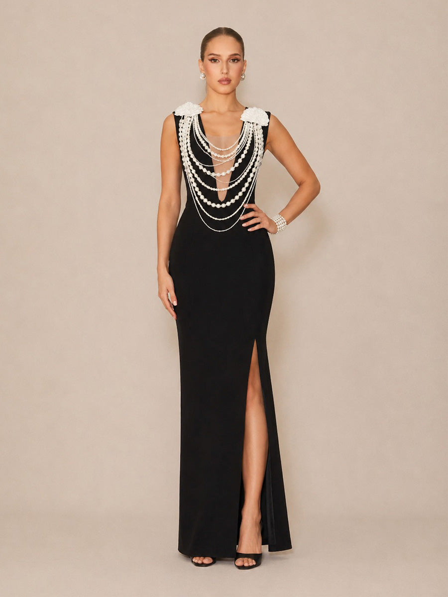 Ashlyn Elegant Deep-V Maxi Dress with Pearl Chain Detail