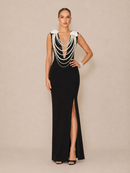 Ashlyn Elegant Deep-V Maxi Dress with Pearl Chain Detail