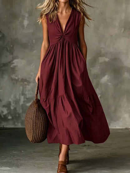 Twist Front V-Neck Sleeveless Pocket Textured Flowy Maxi Dress