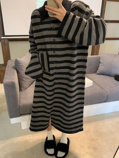 Urban Long Sleeves Loose Striped Polo Sweater Dresses