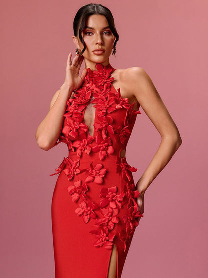 Clara Halterneck Flower Bandage Maxi Dress