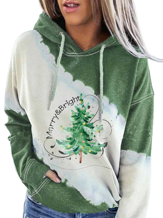 Women'S Merry & Bright Christmas Tree Print Tie-Dye Hoodie