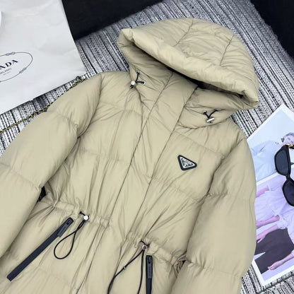 Prada 2025 Drawstring Waist Hooded Jacket Beige Down Polyester