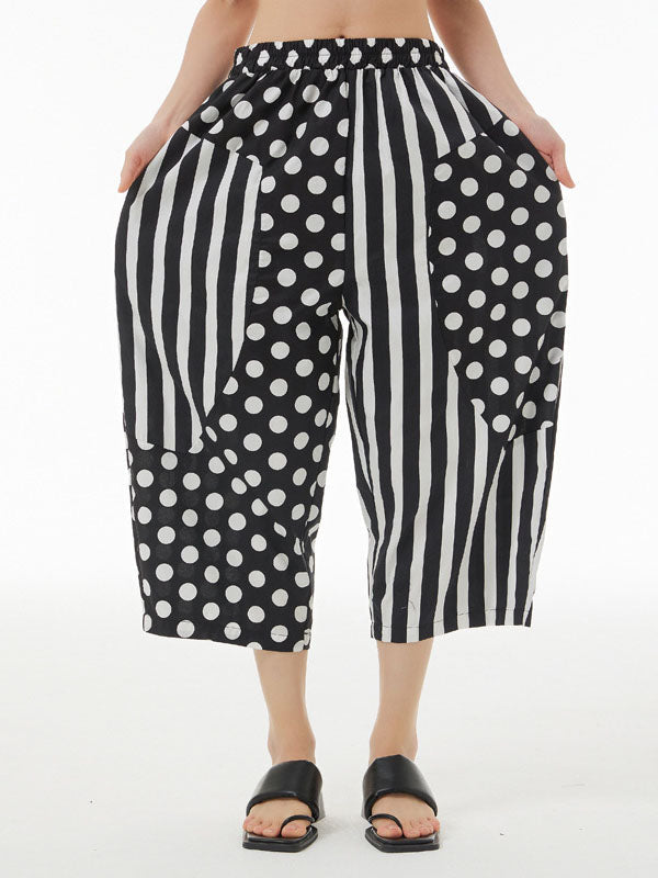 Cropped Loose Polka-Dot Split-Joint Striped Casual Pants Bottoms Cropped Trousers