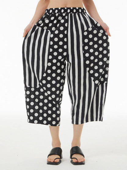 Cropped Loose Polka-Dot Split-Joint Striped Casual Pants Bottoms Cropped Trousers