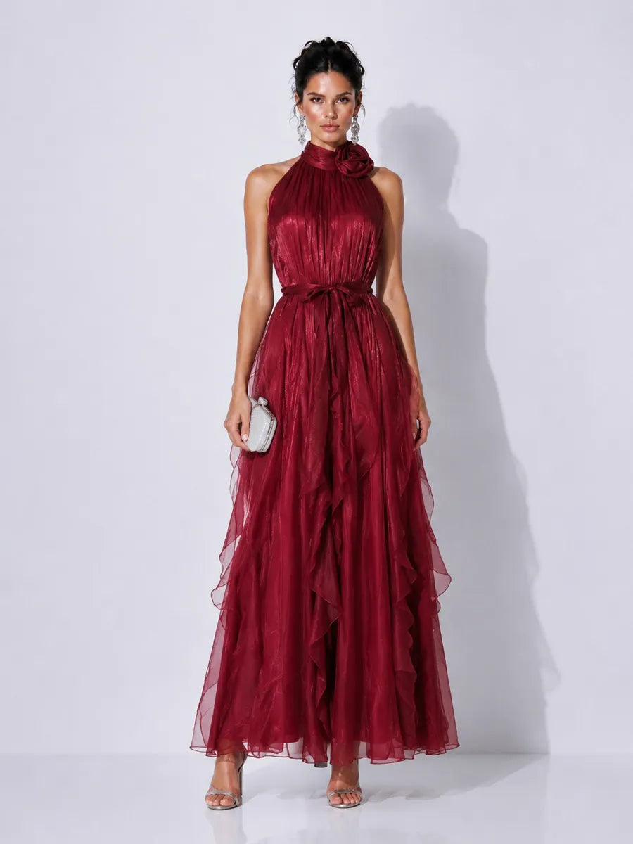 Elena 3D Floral Halter-Neck Pleated Maxi Dress