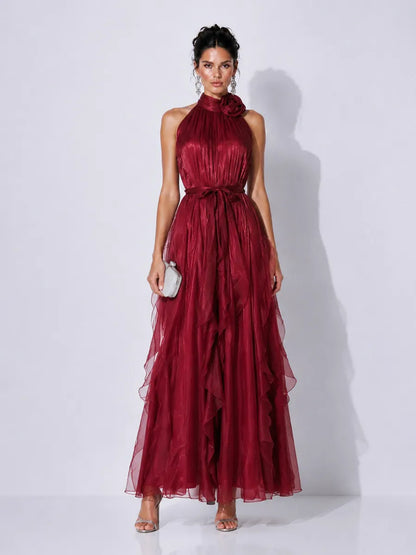 Elena 3D Floral Halter-Neck Pleated Maxi Dress