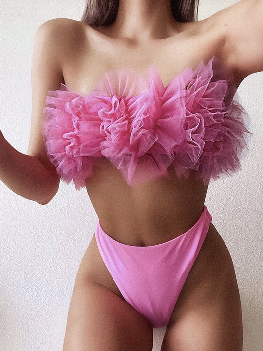 Women'S Swimsuit Wrapped Chest Sexy Mesh High Waist Bikini