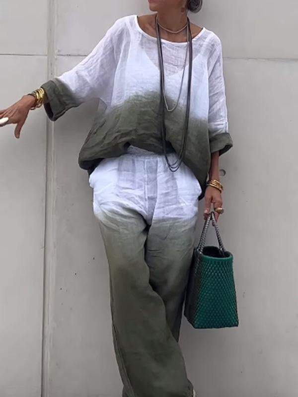 Women's Cotton and Linen Gradient Two-piece Set