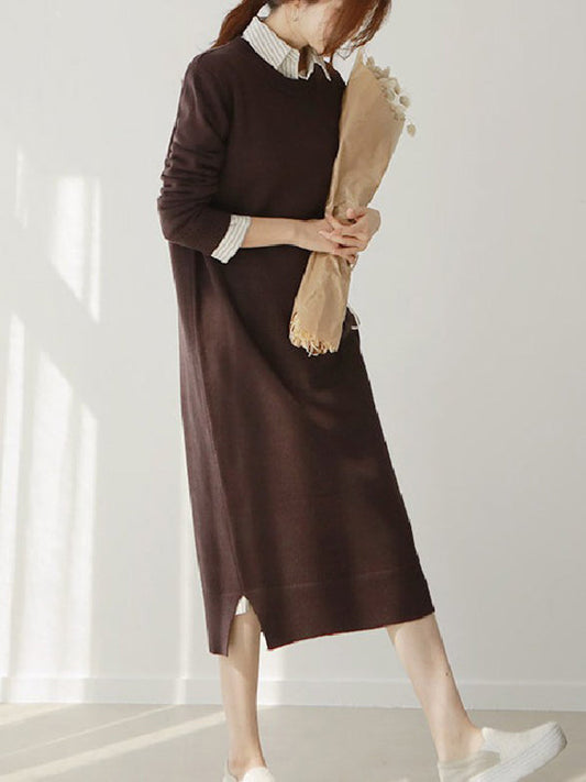 Urban Long Sleeves Loose Split-Side Solid Color Round-Neck Sweater Dresses