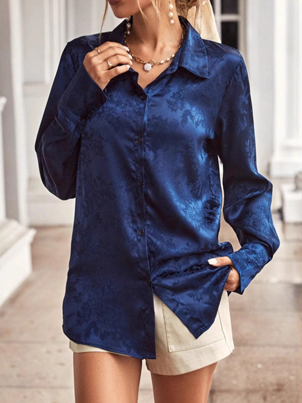 Long Sleeves Loose Jacquard Split-Joint Lapel Blouses&Shirts Tops