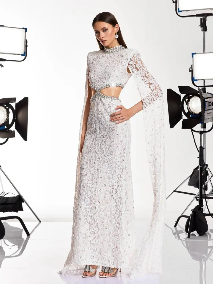 Savannah Cape Sleeve Rhinestone Cutout Maxi Dress