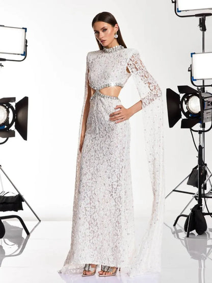 Savannah Cape Sleeve Rhinestone Cutout Maxi Dress