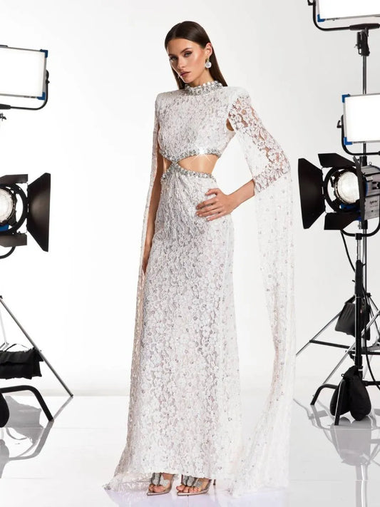 Savannah Cape Sleeve Rhinestone Cutout Maxi Dress
