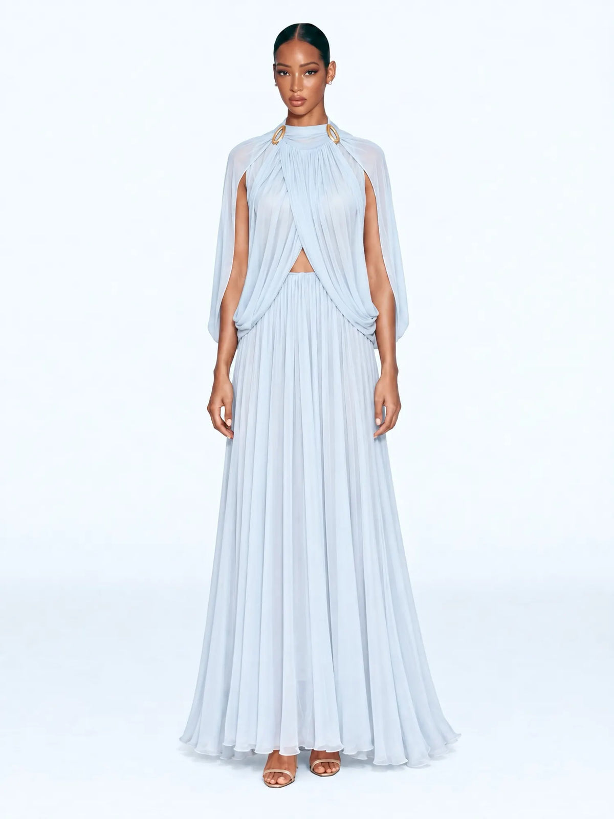 Mirabelle Stand-Collar Pleated Maxi Dress