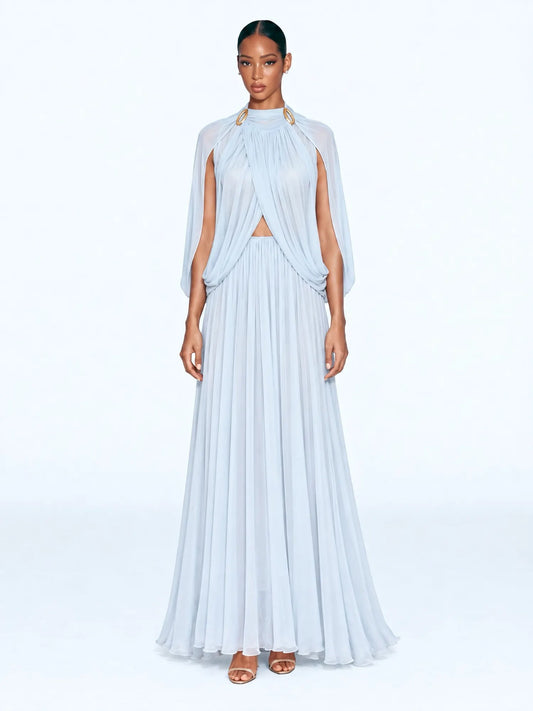 Mirabelle Stand-Collar Pleated Maxi Dress