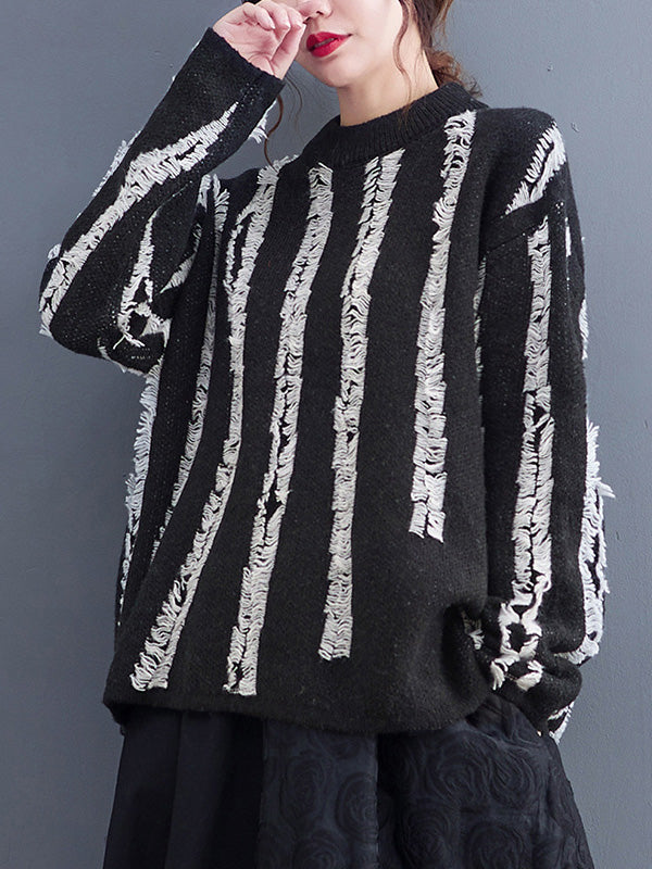 Casual Long Sleeves Loose Tasseled Round-Neck Sweater Tops