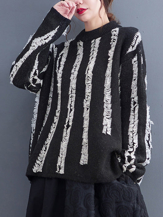 Casual Long Sleeves Loose Tasseled Round-Neck Sweater Tops