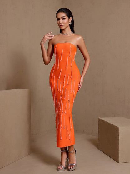 Isadora Strapless Crystal Beading Bandage Midi Dress