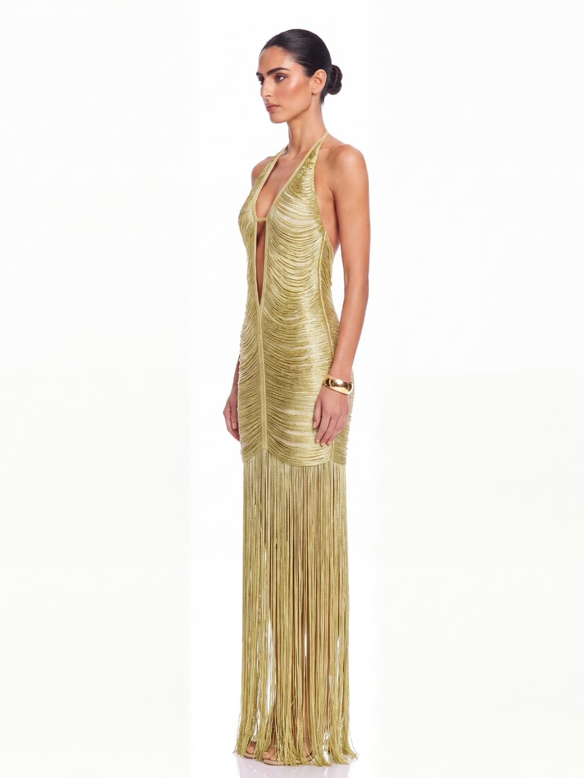 Alba Plunge Neck Fringe Maxi Dress