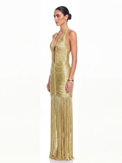 Alba Plunge Neck Fringe Maxi Dress