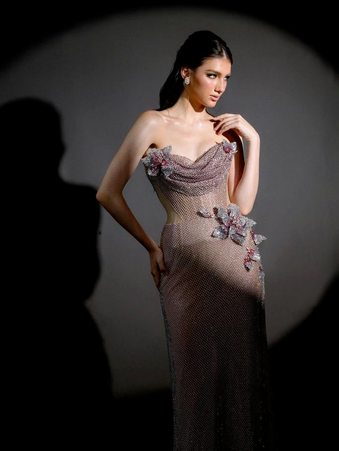 Strapless Floral Sparkly Maxi Dress Pink
