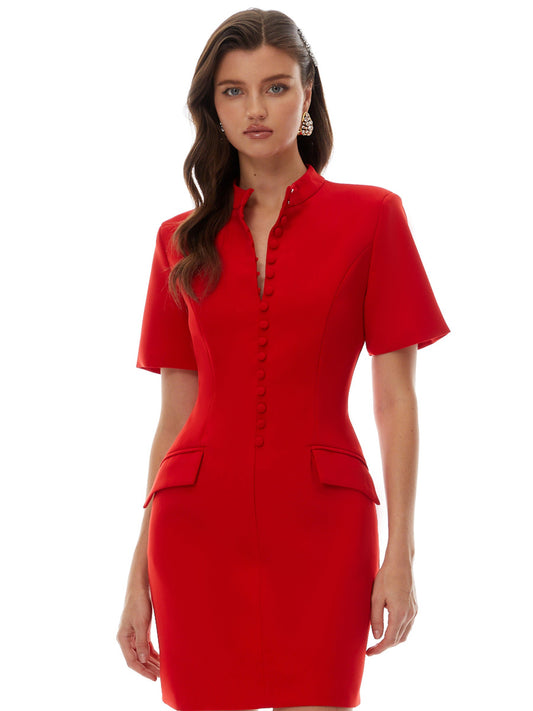 Sophia Stand Collar Short Sleeves Mini Dress