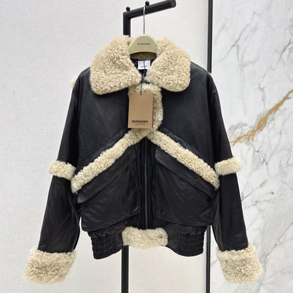 Burberry 25 Shearling-trimmed Bomber Jacket Black Cream Fur Leather